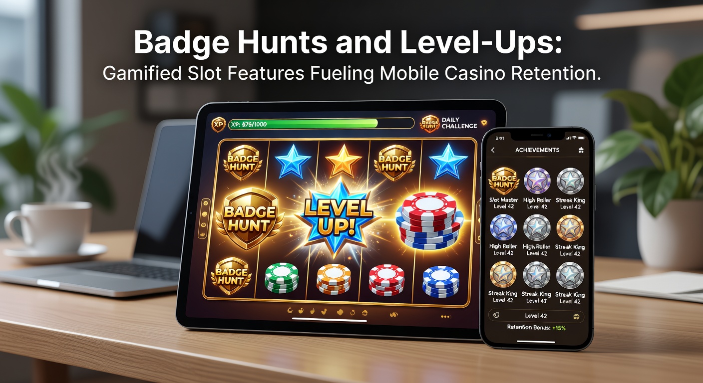Vibrant mobile slot screen displaying badge icons and level-up progress bars during a gamified hunt
