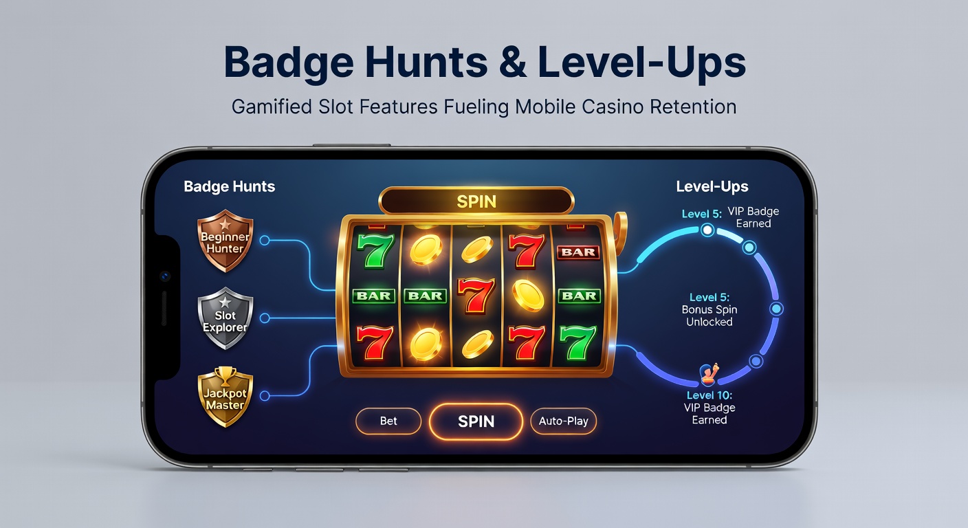 Player's mobile device showing a level-up celebration with cascading badges and reward pop-ups in a slot game
