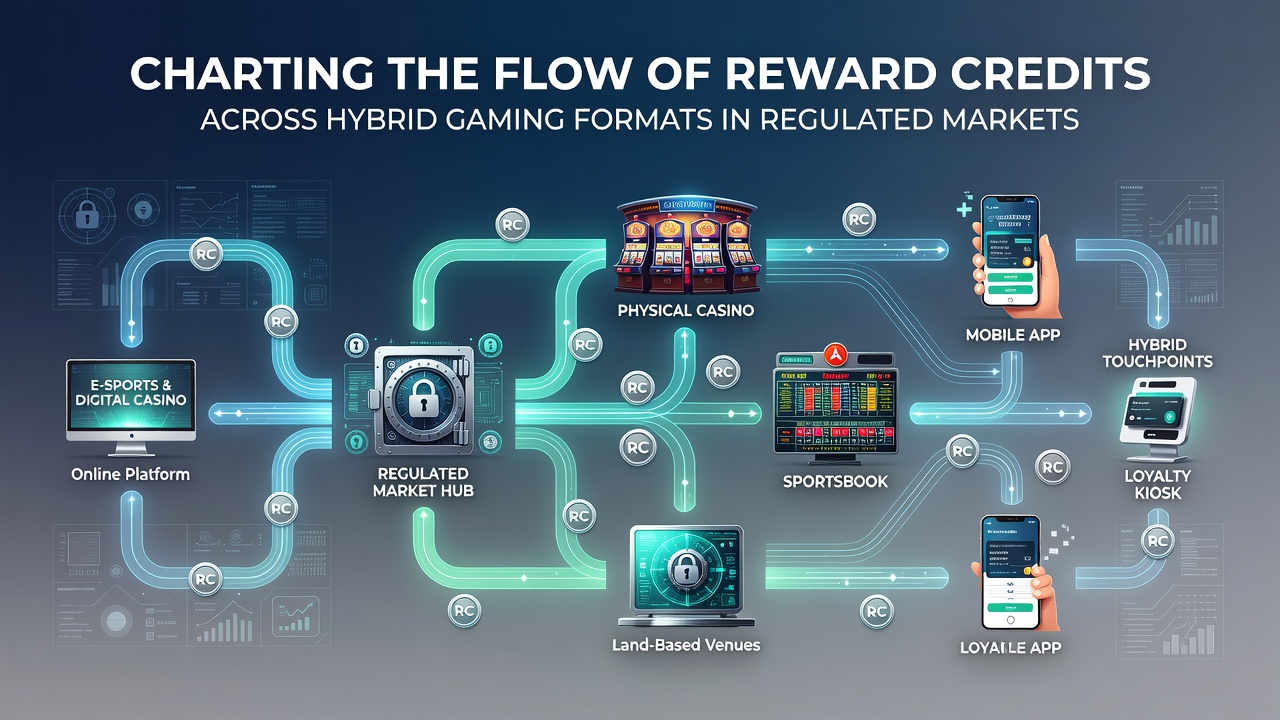 Digital illustration showing reward credit pathways connecting online slots, live dealer tables, and land-based terminals in a regulated gaming network