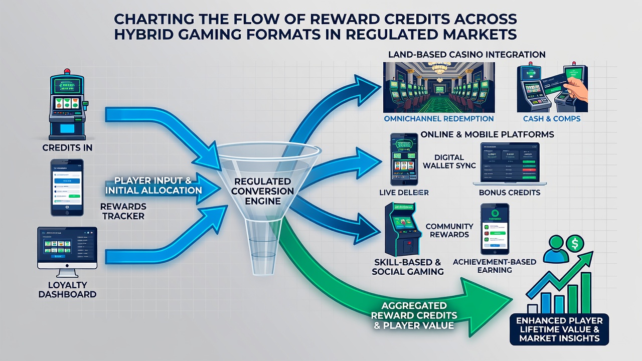 Flowchart diagram illustrating reward credit movement between mobile applications, live dealer studios, and physical casino machines with regulatory checkpoints