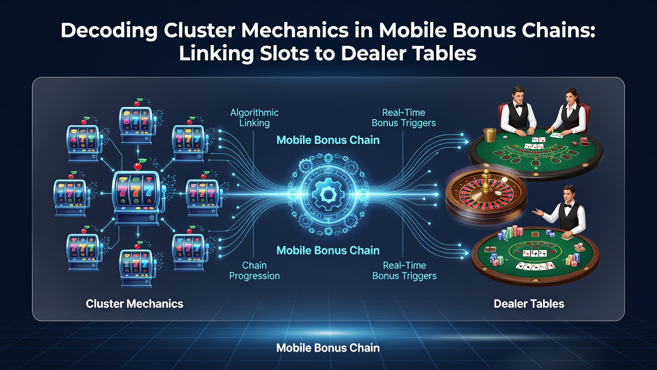 Illustration of bonus chain flow from slot cluster win to live dealer roulette table on a smartphone display