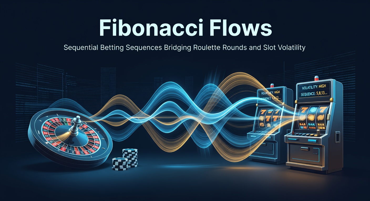 Illustration of Fibonacci sequence visualized as flowing bets between roulette wheel and slot reels, showing progression from low to high stakes