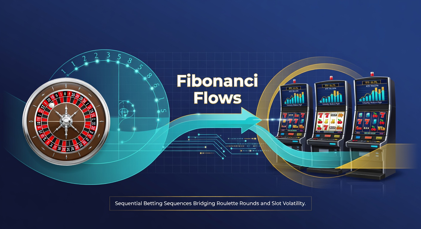Dynamic graphic depicting Fibonacci bet progression overlaying a roulette table transitioning to glowing slot machine symbols, with sequence numbers pulsing
