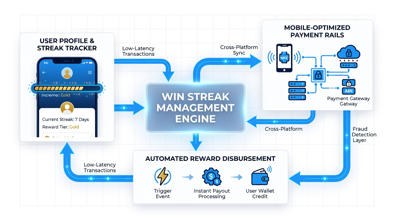 Diagram of payment rail architecture supporting win streak adjustments on mobile devices