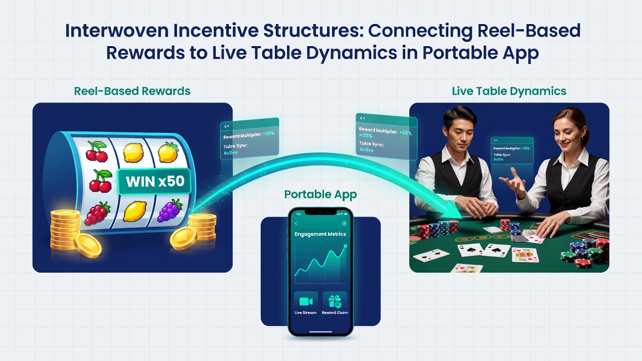 Diagram illustrating data flow from mobile slot reels to live dealer table rewards