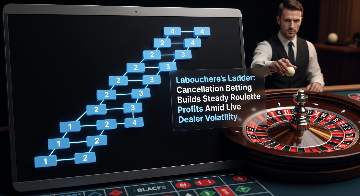Visual representation of Labouchere betting sequence unfolding on a roulette table with live dealer cards and chips scattered around, highlighting cancellation crosses