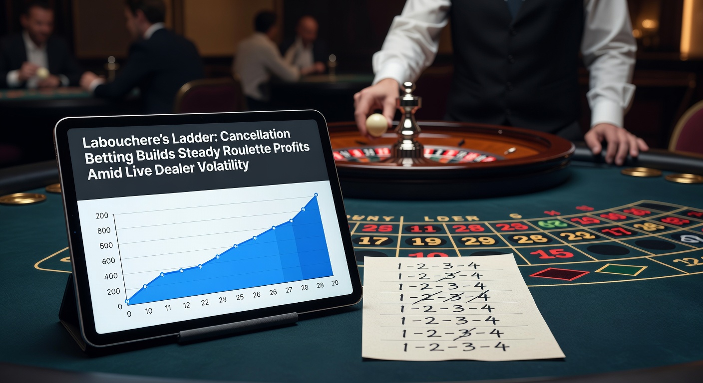 Close-up chart of Labouchere sequence evolution during a live roulette streak, showing crosses, additions, and profit milestones against a backdrop of spinning wheel and dealer hand