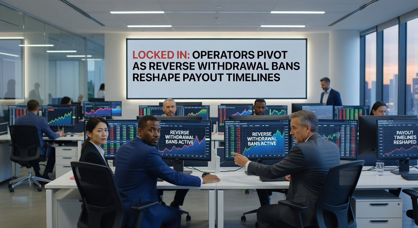 Digital dashboard showing locked withdrawal timelines with regulatory icons overlayed, illustrating operator adaptations to new payout rules