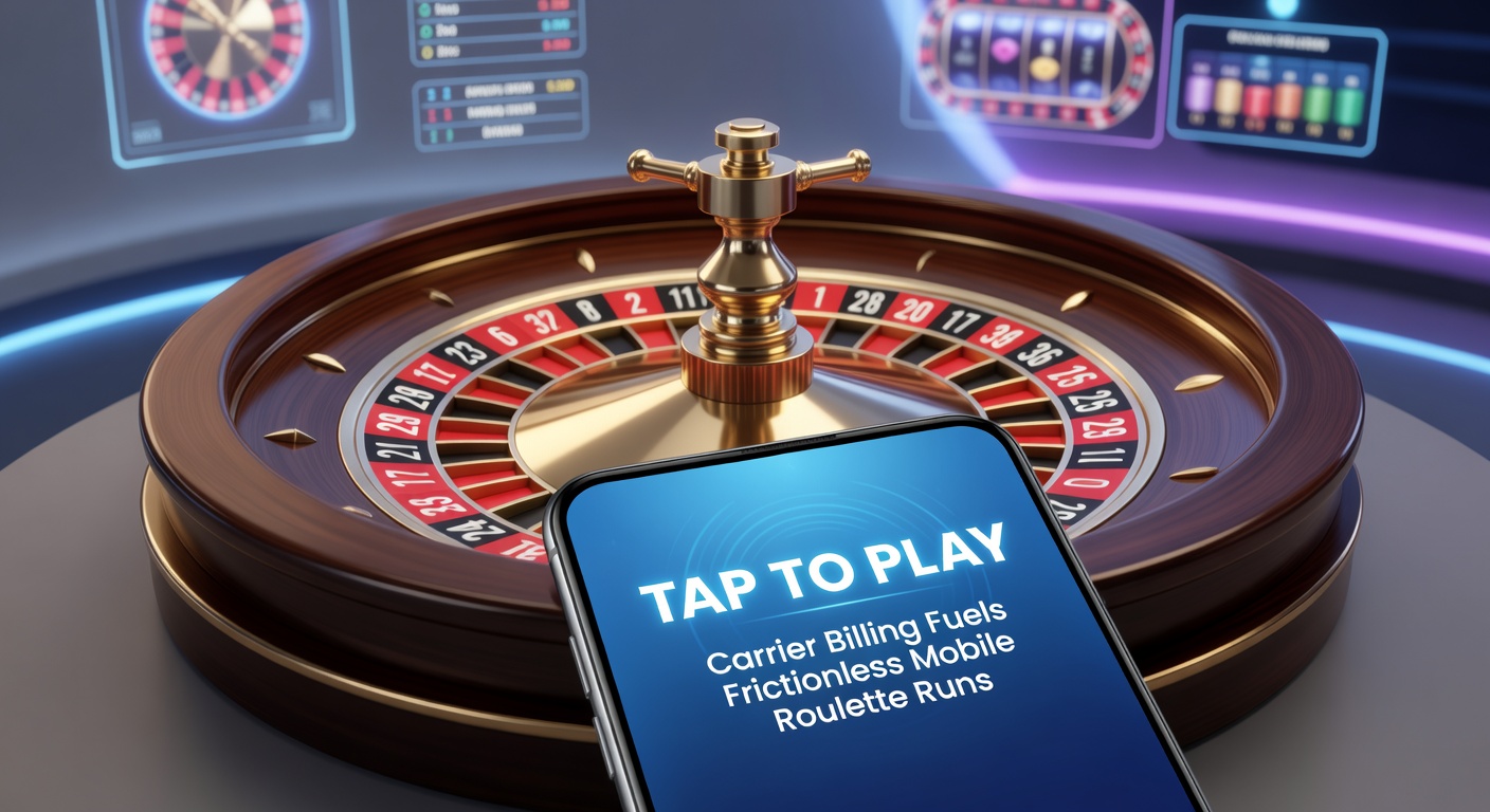 Close-up of a finger tapping a phone screen to confirm a carrier billing deposit for roulette, with game wheel spinning in background