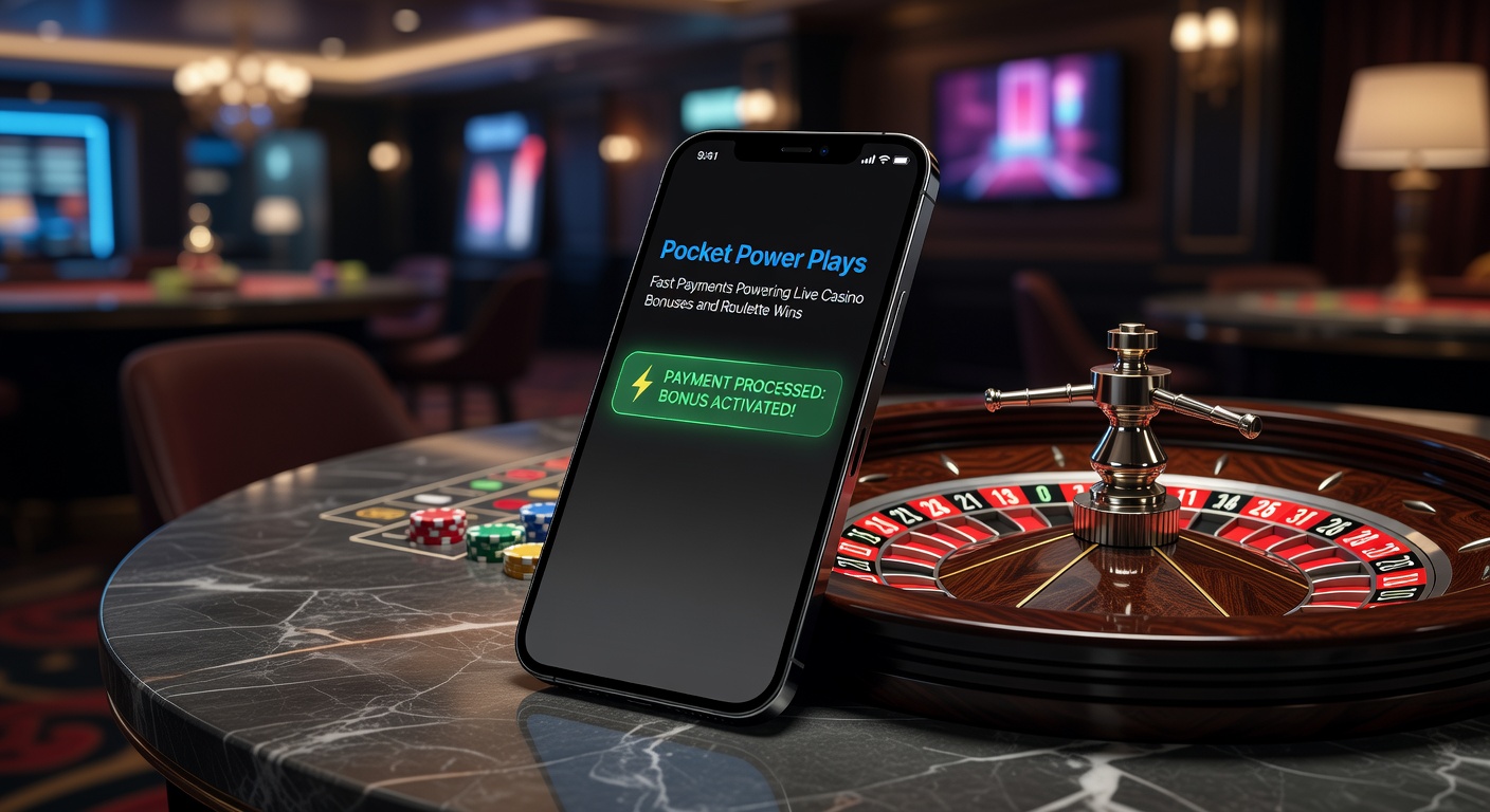 Close-up of a smartphone screen displaying a live roulette wheel with instant deposit notification, bonus meter filling up, and chips stacking rapidly on red-black bets