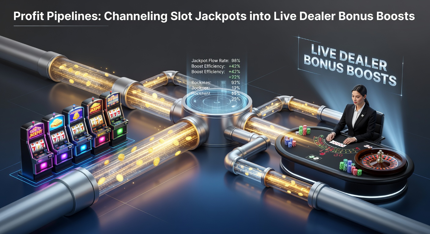 Digital graphic showing slot machine jackpots flowing like pipelines into live dealer tables with bonus multipliers exploding