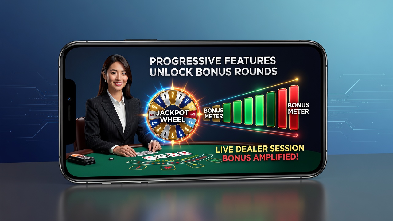 Mobile screen split between progressive slot reels and live roulette table with shared bonus meter