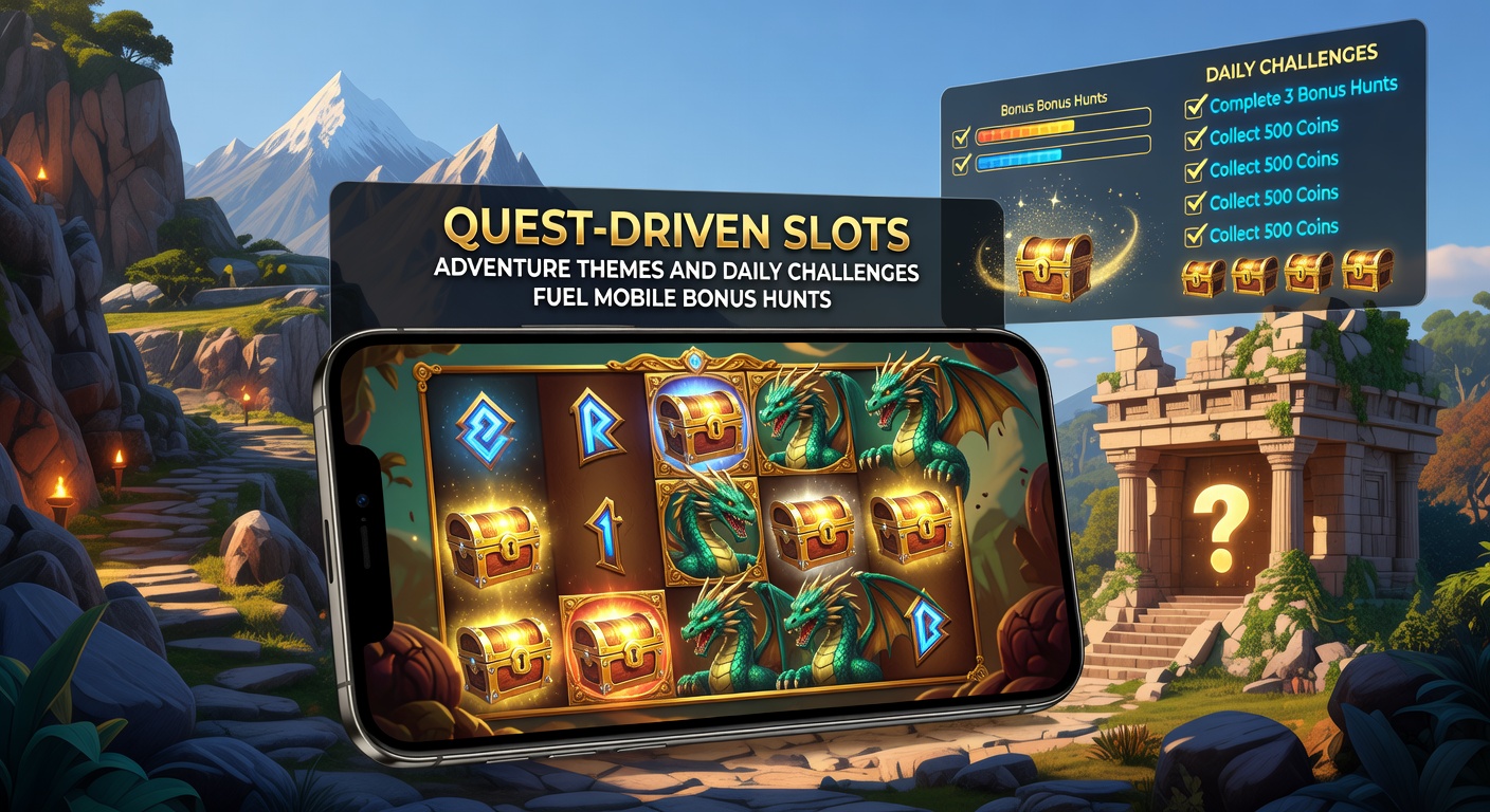 Dynamic screenshot of a quest-driven slot game featuring an adventure map, treasure hunts, and glowing bonus icons on a vibrant fantasy backdrop