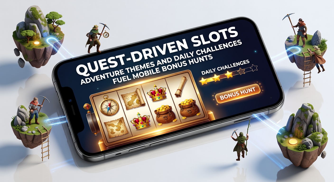 Close-up of a mobile phone screen displaying active daily challenges, progress bars for quests, and exploding bonus features in an adventure slot game