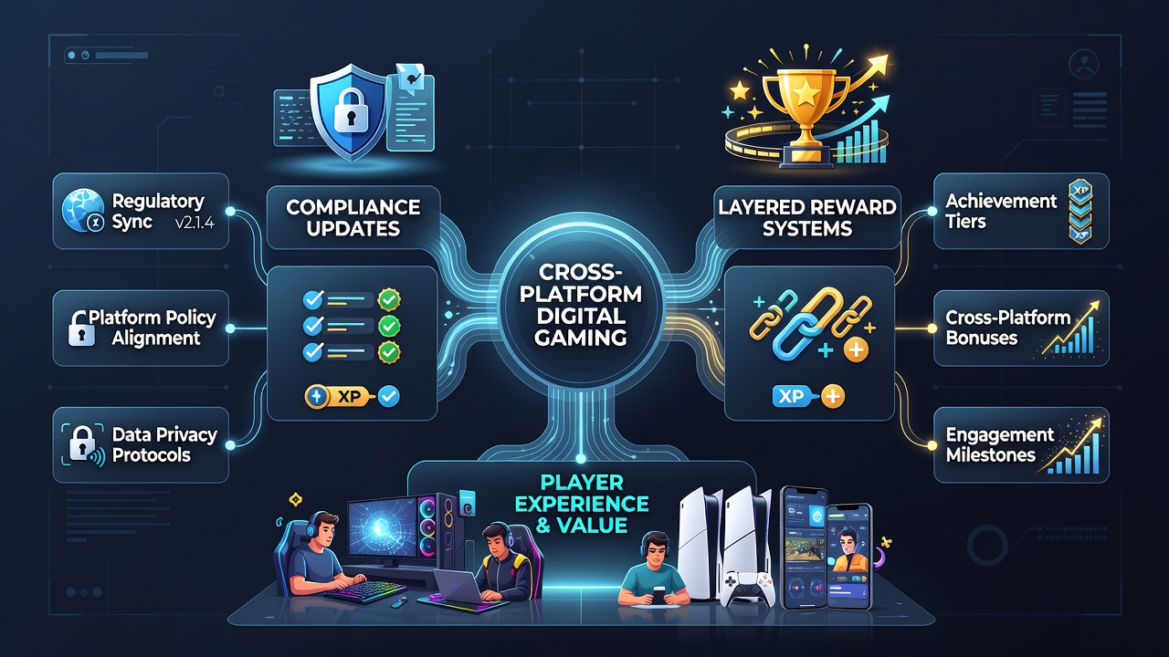 Developers reviewing layered reward structures on dual monitors with compliance checklists visible