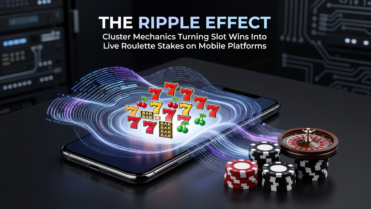 Mobile screen showing cluster pay symbols cascading on a slot game next to a live roulette table interface