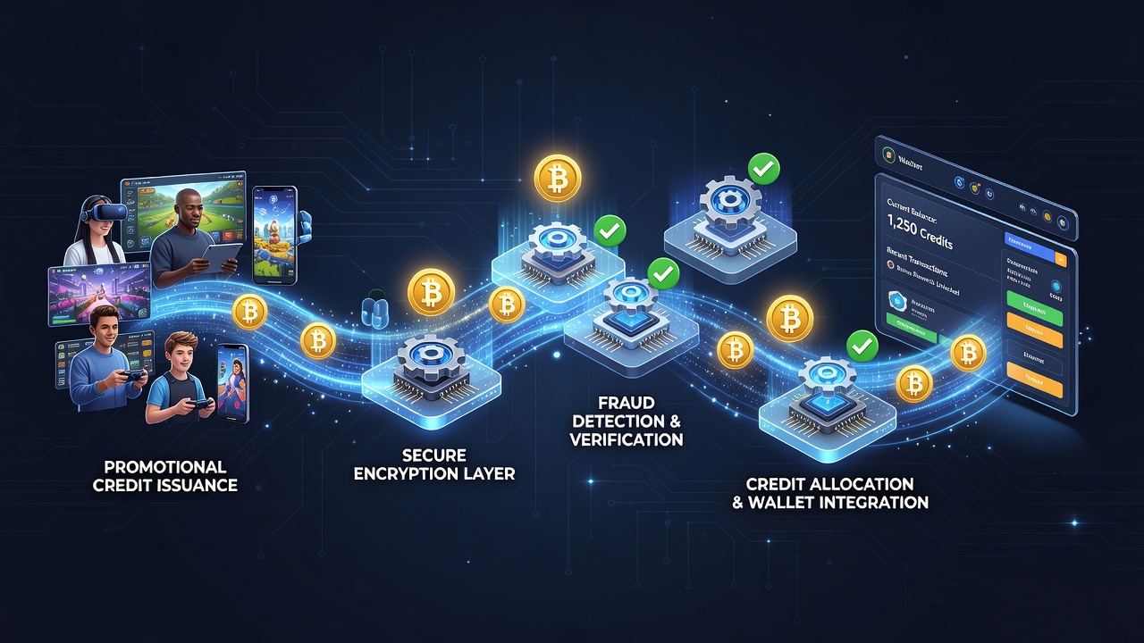 Flow diagram illustrating promotional credit movement from issuance to redemption in gaming apps