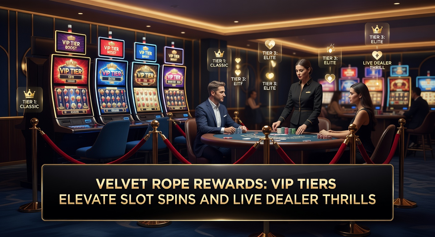 Glimpse of an exclusive VIP lounge in a bustling online casino interface, showcasing tiered badges and glowing slot reels alongside live dealer tables